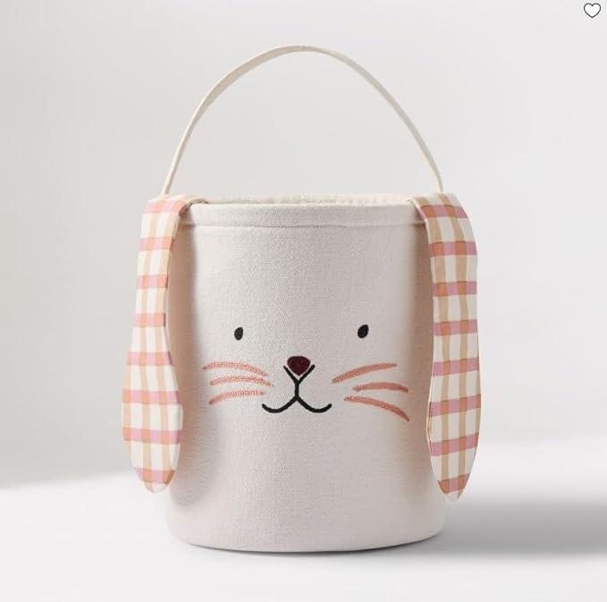 Cute Burlap Bunny Easter Basket, Large Canvas Gift Tote with 3D Plaid Ears for Egg Hunt and Party Decor, Springtime (White)