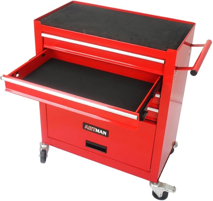4-Drawer Rolling Tool Chest Cabinet, Large Capacity Metal Tool Box with Wheels, Storage Organizer Tool Cart for Garage, Warehouse, Work Shop (Red)