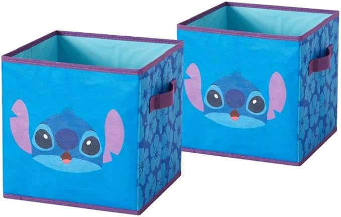 Disney Stitch Storage Bins,10" Collapsible Fabric Cubes, Pack of 2,Kids Organizer, Nursery & Bedroom Decorative Storage Boxes with Handles