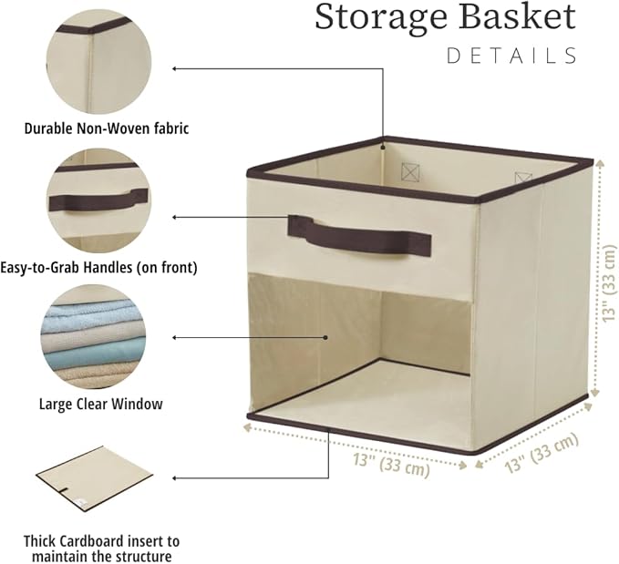 DECOMOMO Storage Cubes, 13 inch Cube Storage Bins with Window, Fabric Organizer Bins (13" / 6pcs, Beige)