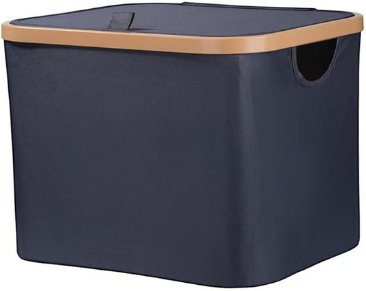 50L Foldable Laundry Basket,Versatile Storage Basket with Bamboo Borders for Bedroom,Office,Dorm.Great for Use as a Hamper with Lid, Towel Hamper for Wet Towels,Grey,Covered