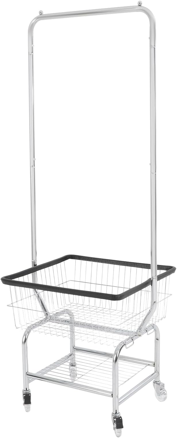 Laundry Cart,Steel Wire Laundry Cart,Laundry Basket With Wheels,Commercial Laundry Basket Cart Heavy Duty with Rod Rack 19.69x15.75x70.87in (E)