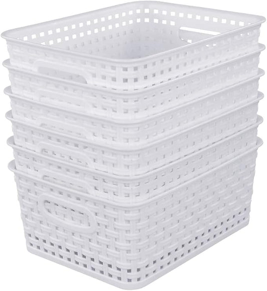 Sandmovie White Plastic Rattan Storage Baskets, 6 Packs