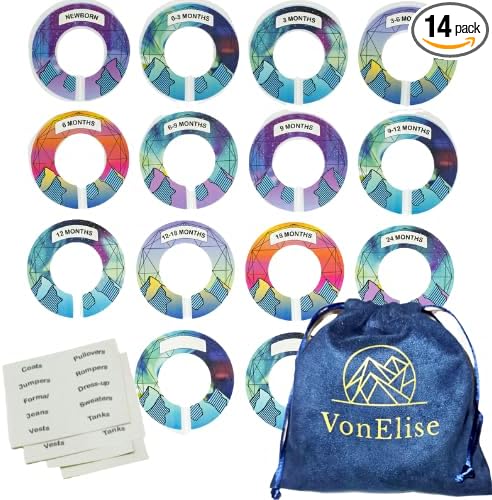Baby Closet Dividers 14 Pcs Baby Clothes Organizer for Boy or Girl - Double-Sided Baby Clothes Size Age Dividers - 100 Stickers - Unisex Baby Clothes Dividers Nursery Shower - Velvet Bag to Hang