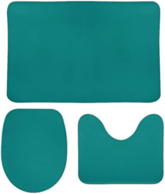 3 Pieces Bath Rug Sets, Teal Blue Trend Color Bathroom Mat Set Non Slip U Shaped Contour Rug & Toilet Lid Cover