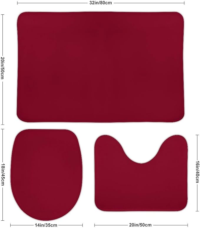 3 Pieces Bath Rug Sets, Burgundy Trend Color Bathroom Mat Set Non Slip U Shaped Contour Rug & Toilet Lid Cover