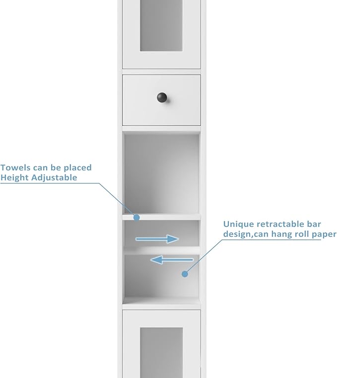Maupvit Bathroom Storage Cabinet with 2 Frosted Glass Doors, Tall Narrow Storage Cabinet with Doors and Shelves Adjustable, Slim Bathroom Cabinet for Small Spaces, 8 Compartments (White)