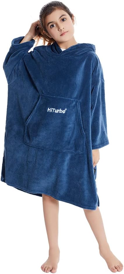 Hiturbo Kids Towel Changing Robe: Soft Plush Wearable Blanket - Warm Coral Fleece Hoodie - Swim Surf Poncho for 5-12 Years (Navy)