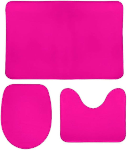 3 Pieces Bath Rug Sets, Neon Pink Modern Bathroom Mat Set Non Slip U Shaped Contour Rug & Toilet Lid Cover