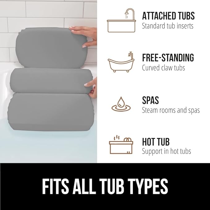 GORILLA GRIP Bath Pillow for Tub, Strong Suction Cups, Luxury Bathtub Pillows, Headrest Neck and Back Support, Relaxing Hot Tub and Home Spa Accessories, Bathroom Essentials, Gifts for Women, XL Gray