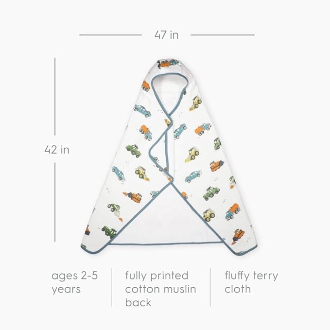 Little Unicorn Hooded Bath Towel | Absorbent Cotton & Terry Blend | Larger Size for Baby & Toddlers, 1-6 Years (Work Trucks)