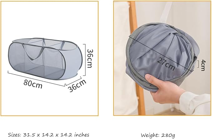 Mesh Laundry Hamper Basket, Sturdy 3 Compartments Laundry Basket, Foldable Pop up Laundry Hamper with Side Pocket for Laundry Room, Bathroom, Kids Room, College Dorm or Travel, White