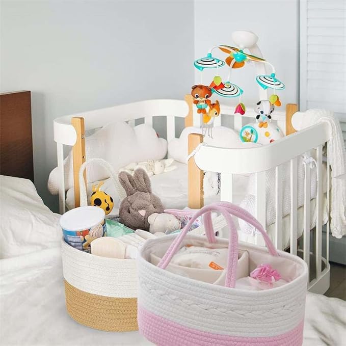 Cotton Rope Diaper Caddy Organizer, Nursery Storage Bin and Car Organizer for Diapers and Baby Wipes,Changing Table Baby Diaper Storage For Baby Shower & New Mums