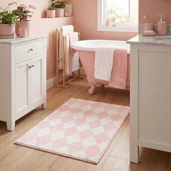 GRANNY SAYS Diamond Bathroom Rugs, 24" x 36", Non-Slip Bath Mats for Bathroom, Plush Shag Absorbent Microfiber Ultra Soft Bath Mat, Cute Washable Rug for Tub, Shower, Bedroom, Pink