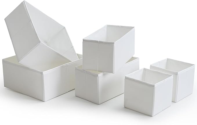 TYEERS Drawer Organizers, Durable Fabric, Washable, with Base Support Boards, Small Storage Boxes for Bathroom, Closet, Dresser, Set of 6, White