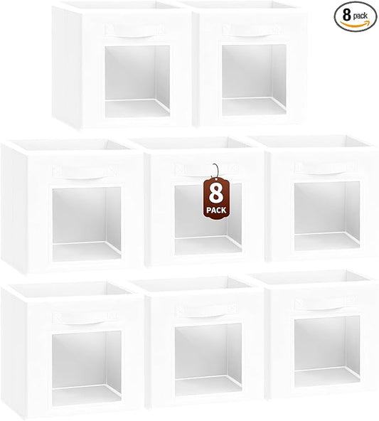 Storage Cube 11 Inch - Cube Storage Bins with Window, Closet Storage Baskets with Handle, Fabric Bins for Closet, Shelves, Toys, Clothes, Set of 8, White
