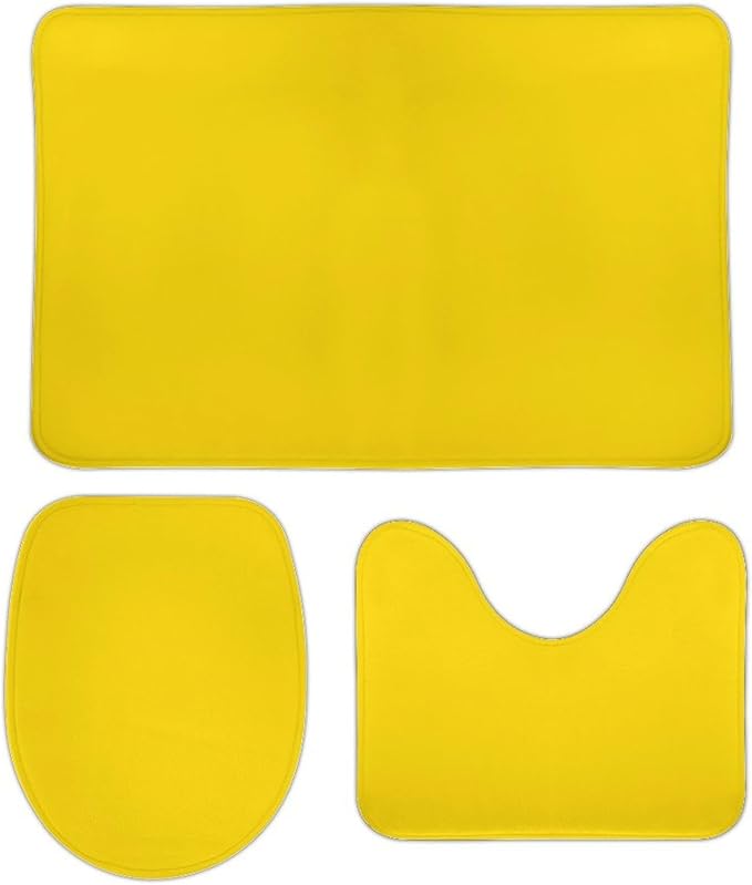 3 Pieces Bath Rug Sets, Sunshine Yellow Color Bathroom Mat Set Non Slip U Shaped Contour Rug & Toilet Lid Cover