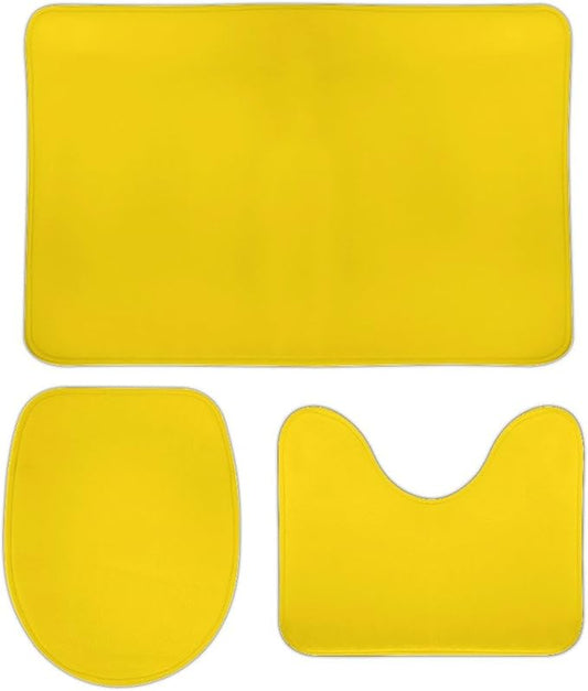 3 Pieces Bath Rug Sets, Sunshine Yellow Color Bathroom Mat Set Non Slip U Shaped Contour Rug & Toilet Lid Cover