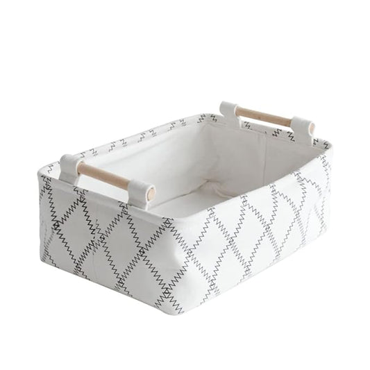 Decorative Collapsible Rectangular Fabric Storage Bin Organizer Basket with Wooden Handles for Clothes Storage,15.4x10.6x5.1 inch,White