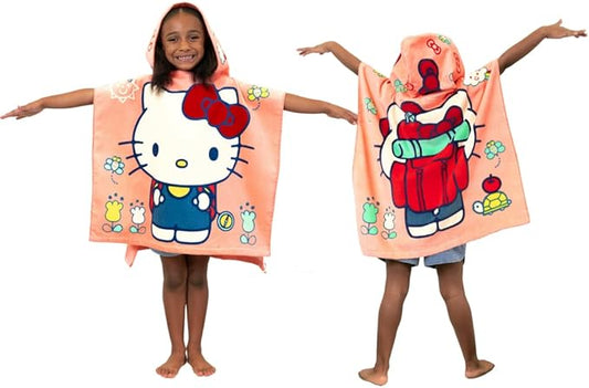 Hello Kitty Kids Beach/Pool/Bath/Camping Hooded Towel Poncho 24" X 22", Absorbent Cotton Cover up, (Official Licensed Sanrio Product) by Franco