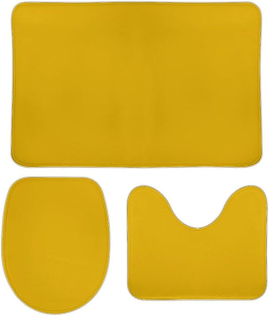 3 Pieces Bath Rug Sets, Solid Mustard Yellow Bathroom Mat Set Non Slip U Shaped Contour Rug & Toilet Lid Cover