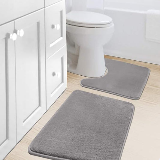 H.VERSAILTEX Bath Mat Memory Foam Set Bathroom Rug Set Flannel Velvety Bath Mat Luxury Extra Soft and Absorbent Non Slip Rugs for Bathroom/Bedroom Washable(Curved Set 20"x 32" Plus 20"x 20"U, Grey)