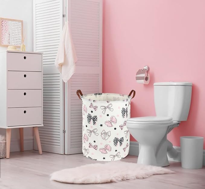 ESSME Pink Girls Hamper,Pink Laundry Hamper,Girls Laundry Hamper, Cute Storage Bin for Room Decor,Baby Girl Laundry Basket, Nursery Hamper,Gift Baskets,Home Organizer(Bowknot)