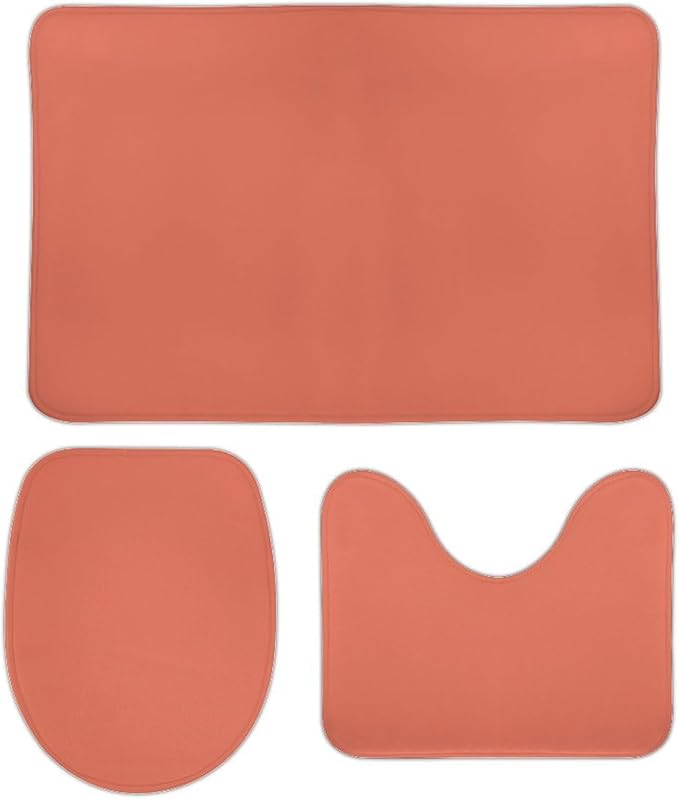 3 Pieces Bath Rug Sets, Solid Terracotta Bathroom Mat Set Non Slip U Shaped Contour Rug & Toilet Lid Cover
