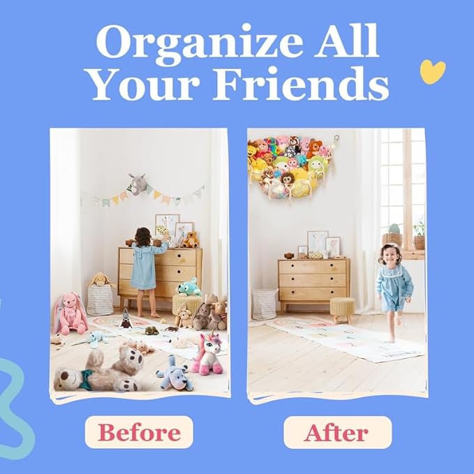 Lilly's Love Stuffed Animal Storage Macrame Hammock w/String Lights - Large, 2 Pack - Boho Decor Toy Storage - Corner Hanging Plushie Stuffed Animal Net Organizer (Mint)