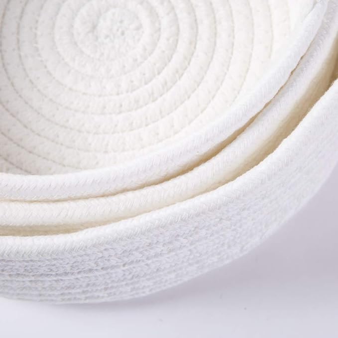 Cotton Rope Handmade Woven Home Storage Household Candy Toys Storage Basket Sundries Collection Box Candy Snack Food Tray SML Pack of 3 (Round, White)