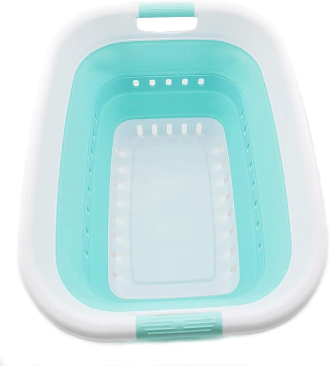 SAMMART 37L (9.77 gallon) Collapsible Plastic Laundry Basket - Foldable Pop Up Storage Container/Organizer - Space Saving Hamper/Basket (1, White/Lake Green)