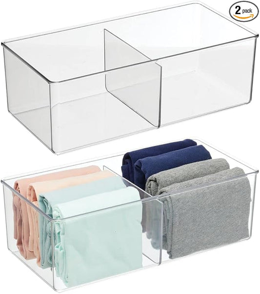 mDesign Storage Box with 2 Compartments - Practical Bedroom Storage Box - BPA Free Plastic Clothes Box - 6" x 12" x 4" - Set of 2 - Clear