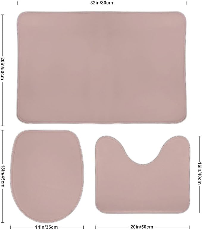 3 Pieces Bath Rug Sets, Dusty Pink Trend Color Bathroom Mat Set Non Slip U Shaped Contour Rug & Toilet Lid Cover