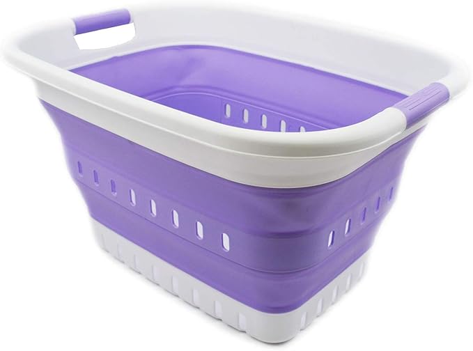 SAMMART 37L (9.77 gallon) Collapsible Plastic Laundry Basket - Foldable Pop Up Storage Container/Organizer - Space Saving Hamper/Basket (1, White/Lt. Purple)