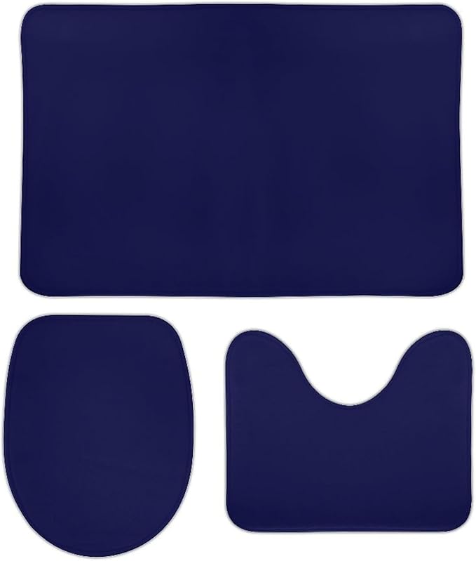 3 Pieces Bath Rug Sets, Solid Navy Blue Bathroom Mat Set Non Slip U Shaped Contour Rug & Toilet Lid Cover
