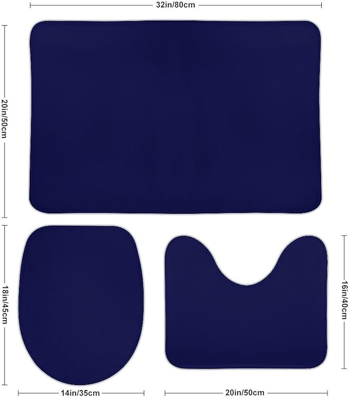 3 Pieces Bath Rug Sets, Solid Navy Blue Bathroom Mat Set Non Slip U Shaped Contour Rug & Toilet Lid Cover
