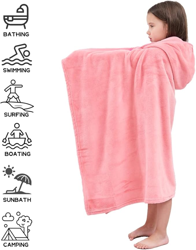 Hiturbo Kids Hooded Bath Towel: Soft Plush Pool Beach Fleece Towel Blanket - 50"x30" Toddler Towels Wrap for Boys Girls 3-12 Years (Pink)