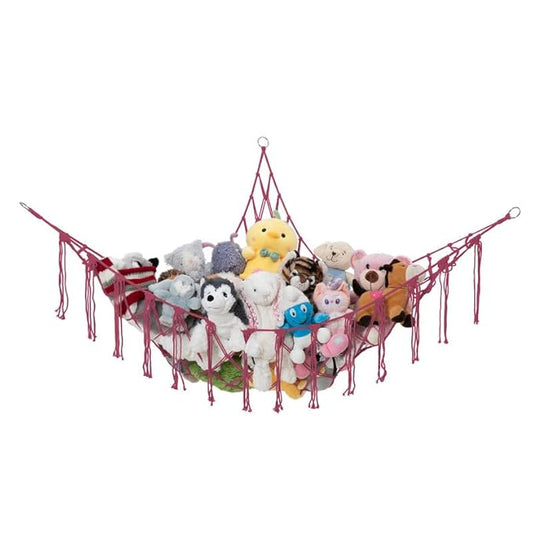 Lilly's Love Stuffed Animal Storage Macrame Hammock, Large - Boho Room Decor Toy Storage - Corner Hanging Plushie Stuffed Animal Net Organizer (Pink)
