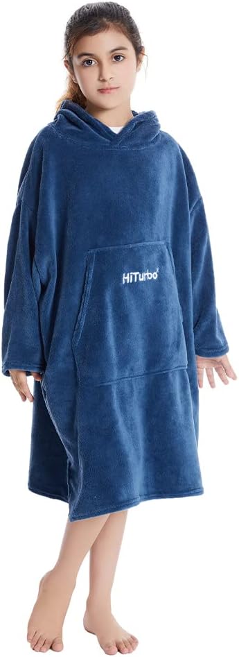 Hiturbo Kids Towel Changing Robe: Soft Plush Wearable Blanket - Warm Coral Fleece Hoodie - Swim Surf Poncho for 5-12 Years (Navy)