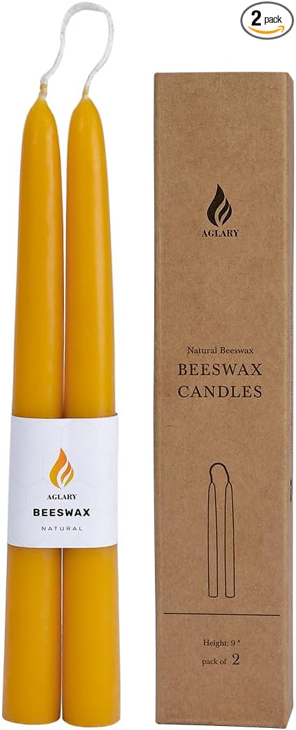 2PCS Beeswax Taper Candles, 9" Handmade Natural Candles, Dripless and Smokeless，9 Hour Burn Time