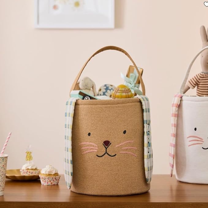 Cute Burlap Bunny Easter Basket, Large Canvas Gift Tote with 3D Plaid Ears for Egg Hunt and Party Decor, Springtime (Brown)