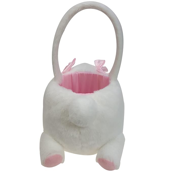 DearSun Exquisite Embroidery ! Personalized Easter Egg Hunting Basket 3D Plush Bunny Basket Candy Gift Bucket with Embroidery Name (White Plush Bunny Basket)