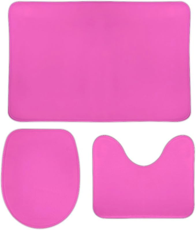 3 Pieces Bath Rug Sets, Bright Hot Pink Bathroom Mat Set Non Slip U Shaped Contour Rug & Toilet Lid Cover