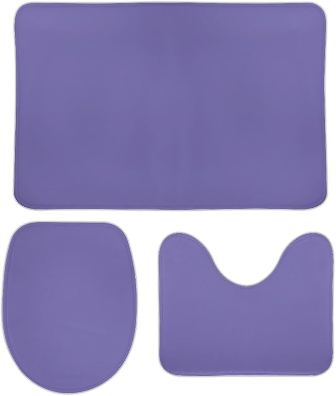 3 Pieces Bath Rug Sets, Modern Big Family Solid Periwinkle Blue Bathroom Mat Set Non Slip U Shaped Contour Rug & Toilet Lid Cover