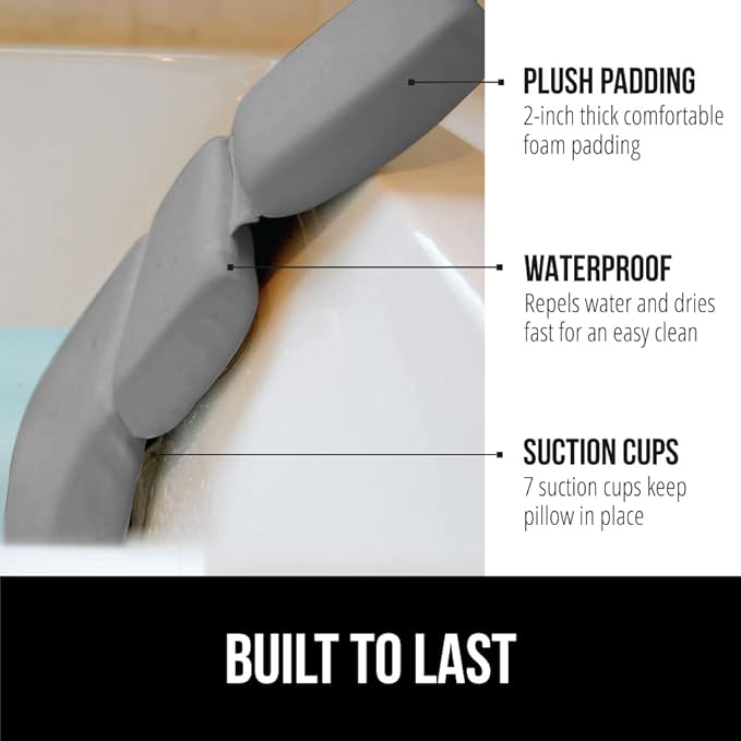 GORILLA GRIP Bath Pillow for Tub, Strong Suction Cups, Luxury Bathtub Pillows, Headrest Neck and Back Support, Relaxing Hot Tub and Home Spa Accessories, Bathroom Essentials, Gifts for Women, XL Gray