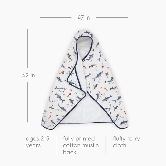 Little Unicorn Hooded Bath Towel | Absorbent Cotton & Terry Blend | Larger Size for Baby & Toddlers, 1-6 Years (Shark)