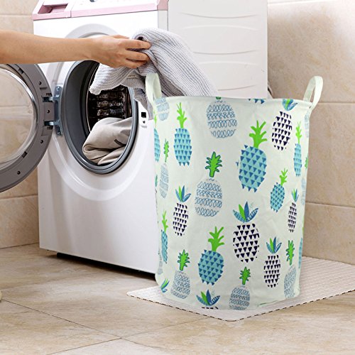 Orino 19 x 16.5 Inches Extra Large Canvas Fabric Folding Storage bin with Handle Waterproof Home Decor Laundry Hamper Organize Pineapple Storage Baskets for Dirty Clothes, Toy (Blue)