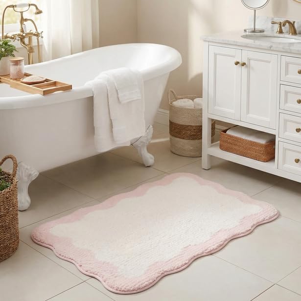 GRANNY SAYS Waved Pink Bathroom Rugs, 32" x 20", Non-Slip Bath Mats for Bathroom, Plush Shag Absorbent Microfiber Ultra Soft Scalloped Bath Mat, Cute Washable Rug for Tub, Shower, Bedroom