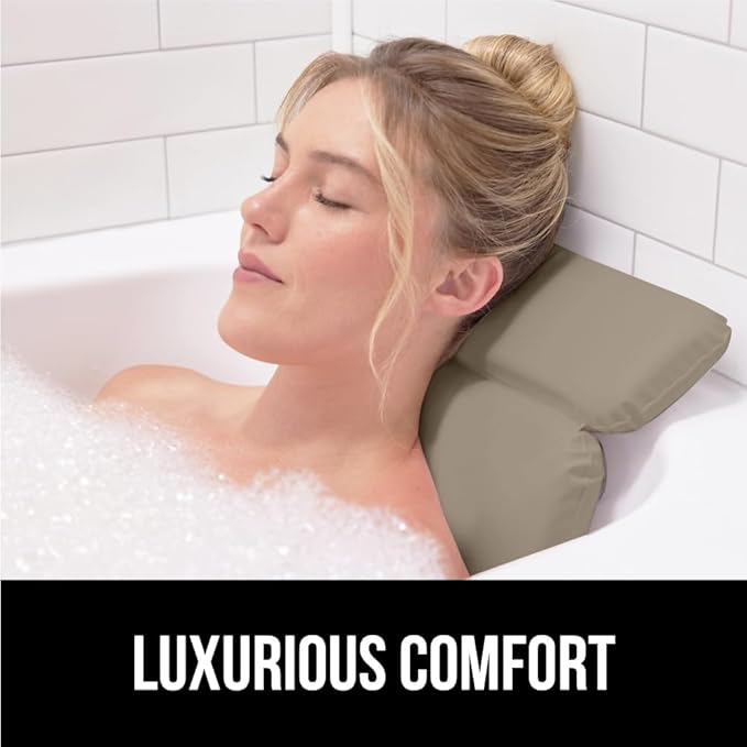 GORILLA GRIP Bath Pillow for Tub, Strong Suction Cups, Luxury Bathtub Pillows, Headrest Neck and Back Support, Relaxing Hot Tub and Home Spa Accessories, Bathroom Essentials, Gifts for Women, Beige