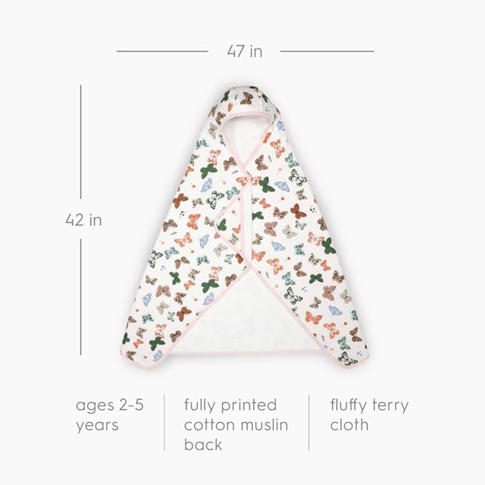 Little Unicorn Hooded Bath Towel | Absorbent Cotton & Terry Blend | Larger Size for Baby & Toddlers, 1-6 Years (Butterflies)